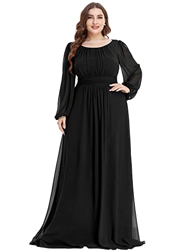 Ever-Pretty Women's Round Neck Long Sleeves Empire Waist Elastic Chiffon Flowy Plus Size Formal Evening Gown Bridesmaid Dress