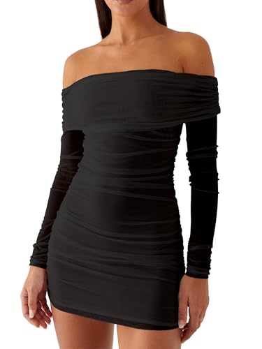 Amazon.com: Mokoru Women's Sexy Elegant Off The Shoulder Mesh Long Sleeve  Ruched Bodycon Cocktail Party Mini Dresses, Small, Black : Clothing, Shoes  & Jewelry