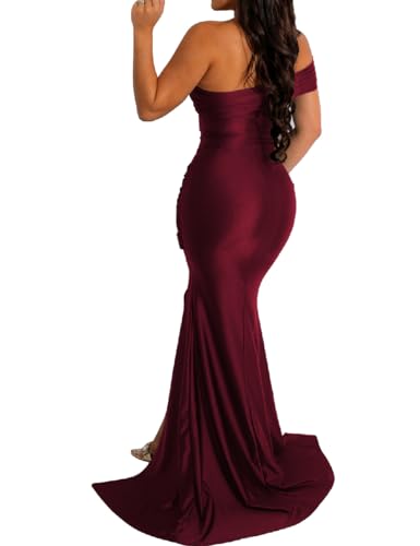 Image of Womens Off Shoulder Sexy V Neck High Split Long Maxi Dress, Formal Cocktail Party Evening Gown Mermaid Dress