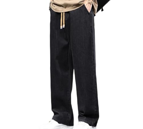 Men Drawstring Jeans Y2k Style Loose Fit Straight Denim Pants Wide Leg Casual Streetwear Trousers