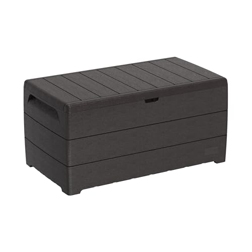 Duramax Cedargrain Durabox 416 Litre/ 110 Gallon coffre de rangement de jardin en plastique pour terrasse, coffre à coussins en plastique avec cylindre hydraulique, boîte de patio, Marron foncé