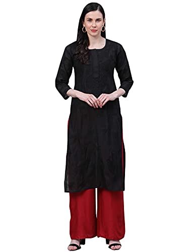Image of Ada Hand Embroidered Lucknowi Chikankari Straight Cotton Kurta Kurti for Women A215306 Black (M)