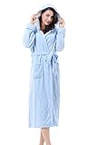 Women's Plush Fleece Long Robe with Hood, Warm Comfy Fluffy Bathrobe,Blue