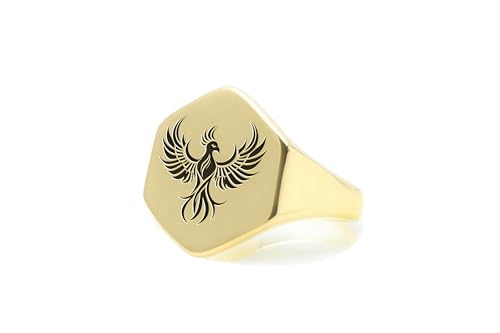 Chevalière Phoenix gravée : bague hexagonale en argent inspirée de la mythologie