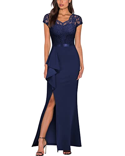 MISSMAY Women's Vintage V-Neck Lace Formal Dress - Long Maxi With Side Slit, Back Zipper