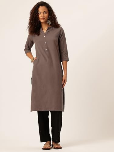 Image of feranoid Women's Plain Cotton Kurta with Mandarin Collar, 3 /4 Sleeves & Pocket