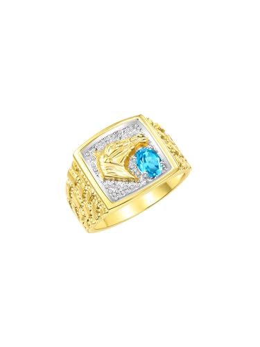 Image of Rylos Men's Yellow Gold-Plated Sterling Silver Lucky Nugget Horse Head Ring with 6X4MM Gemstone and Diamonds - Birthstone Elegance for Men, Sizes 8-13 Available