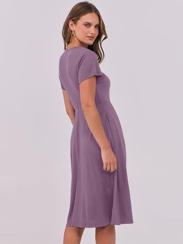 Image of ANRABESS Women Summer Dress Casual Short Sleeve V Neck A-Line Knee Length Pleated Flowy 2026 Fashion Midi Dresses with Pocket