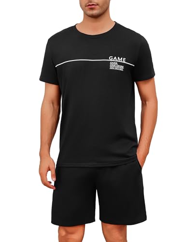 Marvmys Pijamas Hombre Algodón Verano Corto Cuello Redondo Manga Cortas Tops Pijama Pantalones con Bolsillo S-3XL