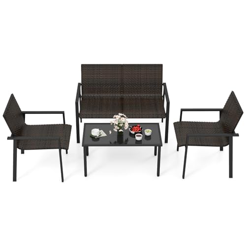 COSTWAY Conjunto Jardin Exterior 4 Piezas de Ratán, 1 Sofá de 2 Plazas, 2 Sillas y 1 Mesa con Tablero de Vidrio Templado, Mesa y Sillas Jardin Terraza Balcon, Negro (café)