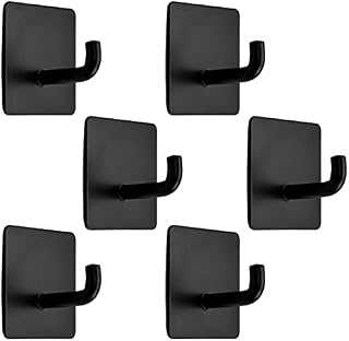 6Pack Self Adhesive Hooks, Sticky Wall Hooks Adhesive Wall Hanger Anti-Rust Waterproof Black Stainless Steel Coats Hooks for Kitchen Bathroom Office Toilet Hanging , No Drill Glue Needed