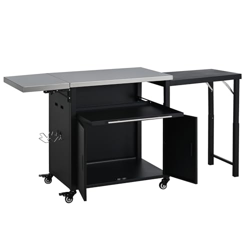 Image of Merax 73.8 inch Outdoor Kitchen Island with Dual Foldable Grill Table, Black | Stainless Steel Top,Outdoor Grill Cart with Storage Cabinet &Trash Rack, Outdoor Bar Cart, Pizza Oven Table for Lawn & Garden