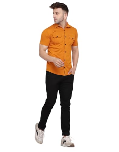 Image of Men's Half Sleeve Shirt - Spread Collar Casual Shirt with Double Flap Pockets - Slim Fit Cotton Blend Button-Down