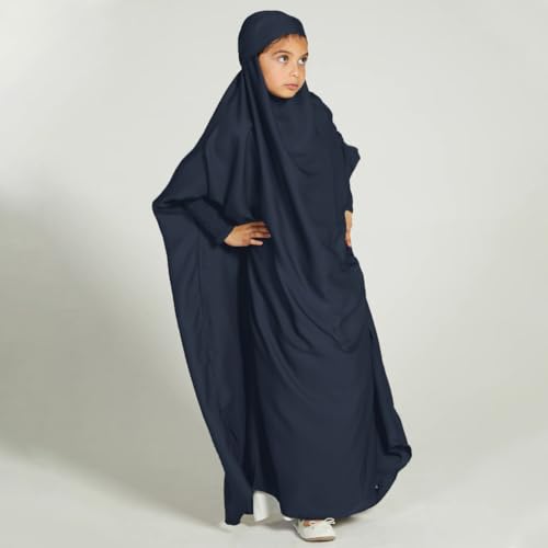 IKADEX Girls Muslim Dress One-piece Abaya Hijab Satin Hooded Kaftan Arabic Islamic Prayer Robe2