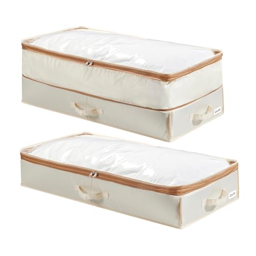 EITMOW Under Bed Storage Container with Double Zippers, Foldable Oxford Fabric Organizer with Clear Top, Hard-Sided, Compressible Clothes & Blanket Bin, 32x16x11.4 Inch(2 Pack, Beige)
