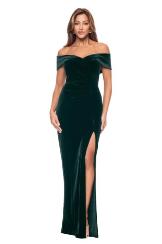 Image of Xscape Women's Long Velvet Off-The-Shoulder Sweetheart Neckline Dress with Leg Slit and Center Back Zipper, Hunter, 12