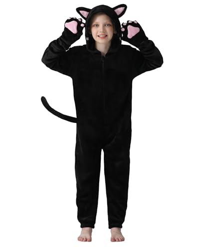 Cat Costume Kids Halloween Animal Onesie for Girls Boys(Black Cat, X-Small(3-4 Years))