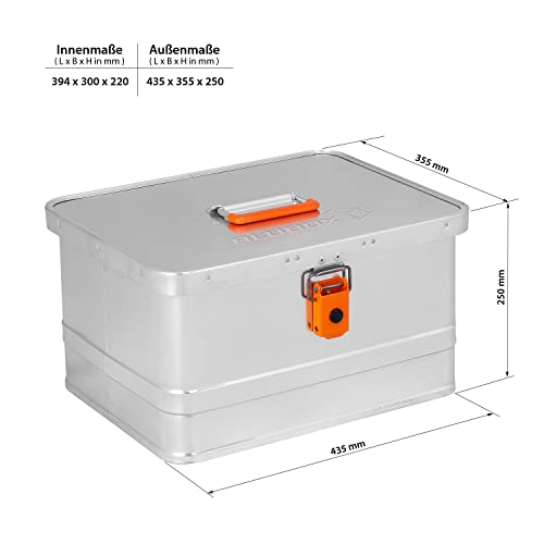Alubox Werkzeugkiste EASY 29 Liter silber glänzend - orangne Schnallen - Griff oben - Außenmaße L 43,5 x B 35,5 x H 25 cm