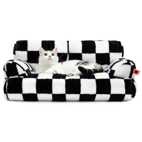 MEWOOFUN groß Katzenbett kleines Hundesofa Flauschig und waschbar Katzensofa Hundebett für Katzen, weich Katzenbett katzencouch mit Rutschfester Unterseite, Schachbrett 66x48cm