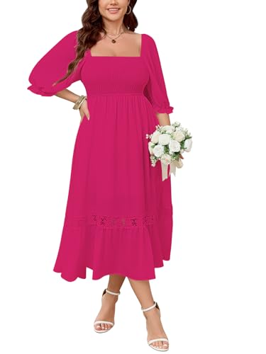 Image of SCOMCHIC Women's Plus Size Boho Maxi Dress Short Sleeve Square Neck Smocked Flowy A-Line Lace Trim Wedding Guest Dresses