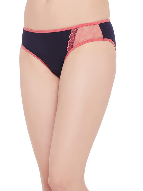 Image of Clovia Women's Cotton Low Waist Bikini Panty with Lace Panel in Blue
