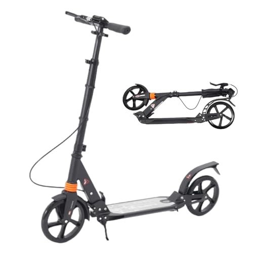 DAOHHFO Patinete de ciudad plegable para adultos, estable de aluminio con freno de mano, altura ajustable, 200 mm, ruedas grandes para niños de 8 años y despertar (negro)