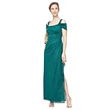 Alex Evenings Women's Long Cold Shoulder Glitter Mesh Gown with Cowl Neckline, Emerald Green, 14