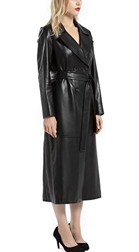 Women's Lambskin Leather Long Trench Coat Black Double Breasted Genuine Leather Coat with Belt SmartUniverseWear 7