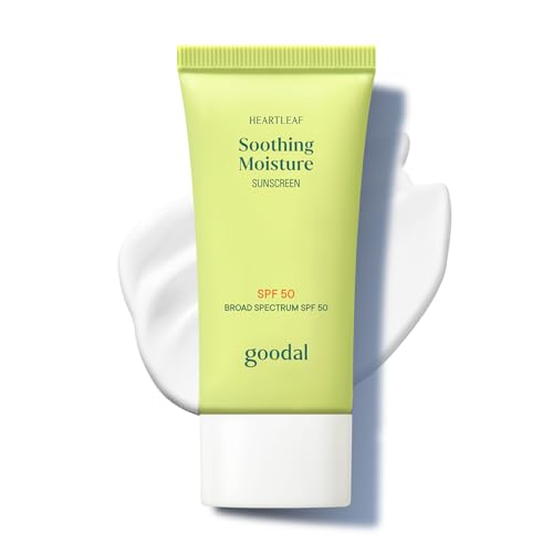 GOODAL Heartleaf Soothing Moisture Sunscreen Broad Spectrum SPF 50 Hydrating Korean Face Sunscreen No White Cast Lightweight Dewy Finish Reef-Friendly Vegan Korean Skincare 1.69 Fl Oz
