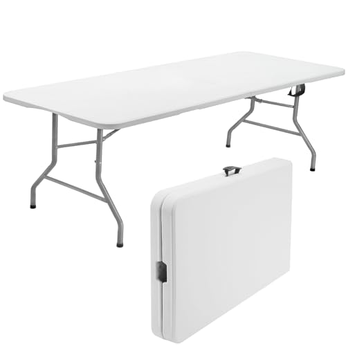 SKOK 330lbs Folding Table 6ft, Plastic Picnic Table Portable with Handle, 6 Foot Folding Table Long with Thicker Tabletop, White Tailgating Utility Commercial Craft Foldable Table for Party & Events
