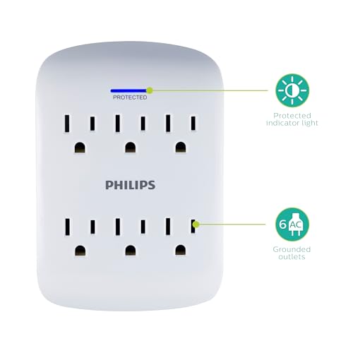 Philips 6-Outlet Extender Surge Protector, Wall Tap, 900 Joules, Space Saving Design, 3-Prong, Protection Indicator LED Light, ETL Listed, White, SPP3461WA/37 image 3