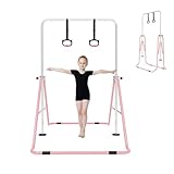 FINCOME Gymnastics Bar for Kids with Gymnastics Rings, Height Adjustable Gymnastics Horizontal Bar, Foldable Bar Gymnastics Equipment for Home Room Indoor Outdoor Gym Practics, Gymnastic Bar Pink