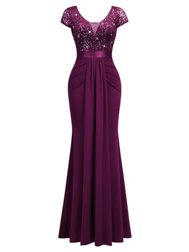 Image of Miusol Women's Deep V-Neck Lace Sequin Pleated Evening Formal Maxi Dress