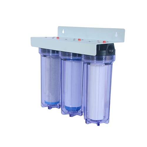 Image of RiverSoft 3-Stage Pre-Filter System with Inbuilt Mounting Clamp | PP Spun, CTO & GAC Cartridges | Inline /Under-Sink Filter (Transparent Housing, 1-Inch Inlet /Outlet, PP)