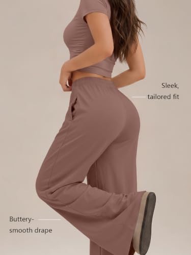 Image of Trendy Queen Women's 2 Piece Matching Summer Lounge Set with Pockets | Vacation Airport Travel Outfits, Workout Gym Clothing Comfy Athleisure Clothes, Side-ruched Top, Drawstring Wide Leg Pants
