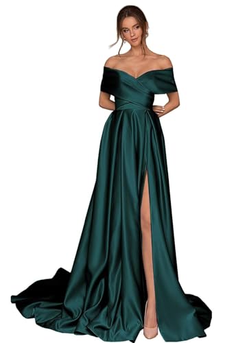 Infuness Damen Abschlusskleider Lang mit Taschen Off Shoulder Satin Ballkleider mit Korsett A-Linie Formelle Party Abendkleid