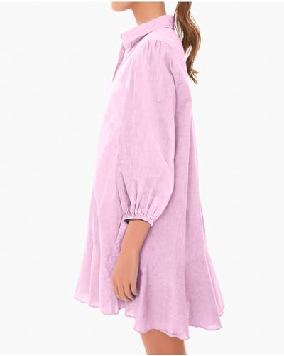 Image of YEXPINE Women Button Down Dress Casual 3 /4 Puff Sleeve Cotton Linen Dress Flowy Ruffle Hem Tunic Shirt Dresses
