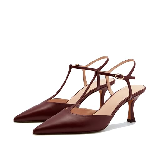 Kitten Heels for Women Pointed Toe T-Strap Slingback Pumps Vintage Classic Stiletto Mid Heel Wedding Bride Dress Shoes