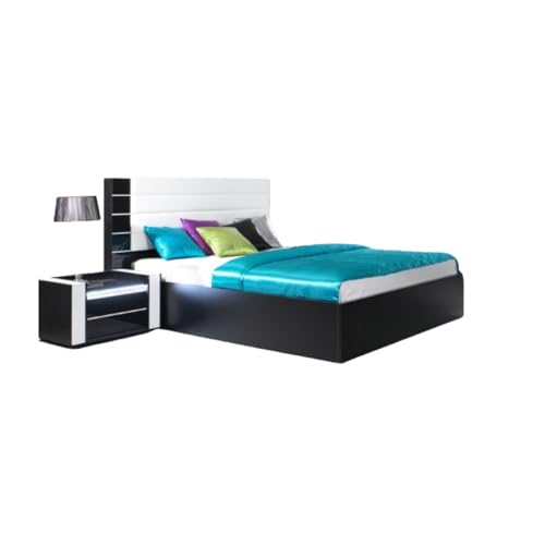 Meublorama Cama Doble 180 cm opción canapé Lina, Negro y Blanco Brillante, Acabado en Cuero sintético, somier Incluido