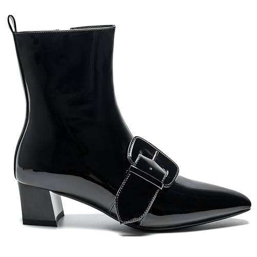 Women's Ankle Boots Chunky Heel Pointed Toe Patent Short Booties Buckle Side Zipper Low Block Heel Fashion Dress Shoes 7
