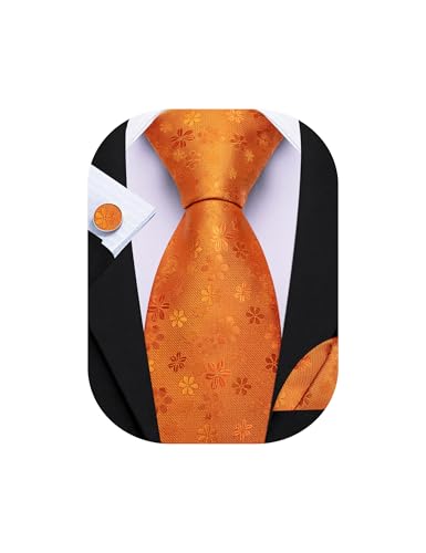 Barry.Wang Orange Tie for Men Floral Silk Necktie Pocket Square Cufflinks Set Formal Business Wedding Party Prom