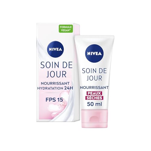 NIVEA Soin De Jour 24H Hydratant Nourrissant FPS15 (2 x 50 ml), crème hydratante visage enrichie en beurre de karité, soin visage femme pour peaux sèches