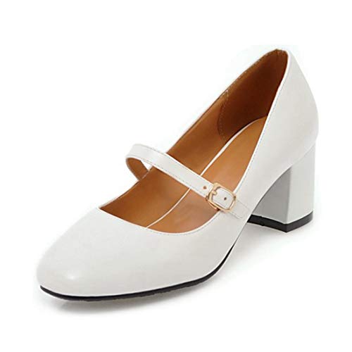 VOKLIN Women's Retro Square Toe Mary Jane Pump Oxford Leather Buckle Strap Chunky Block Mid Heel Dress Shoes