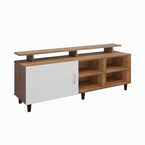 Image of VIKI Modern TV Unit for Living Room | Engineered Wood TV Cabinet with 1 Door Storage, 2 Open Shelves & Extension, Entertainment Unit, 140W x 48H x 40D cm | DIY | 1 Year Warranty (Walnut & White)