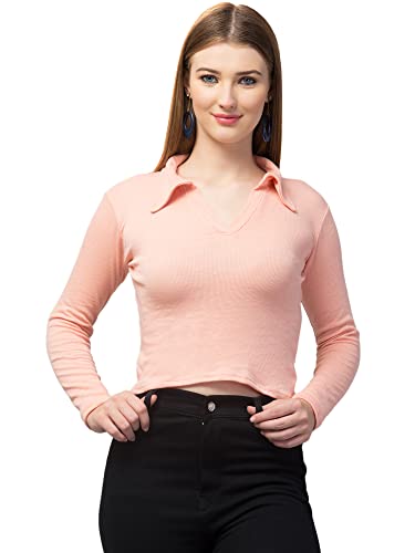 Image of Ribbed Polo Collar Full Sleeves Tops for Women