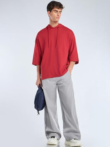 Image of Bewakoof Men's Solid Oversized Fit Half Sleeve Hooded Cotton T-Shirt
