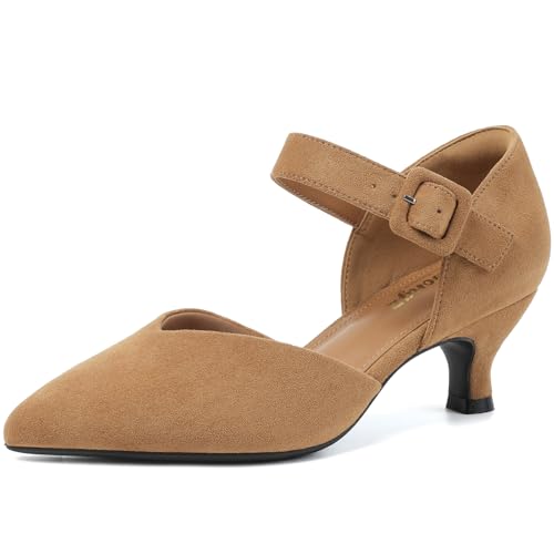 Image of RIBONGZ Comfortable Kitten Heels for Women Pointed Closed Toe Ankle Strap Buckle Heels Slip on Low Heel Church Pumps Wedding Bridal Party Dressy Shoes