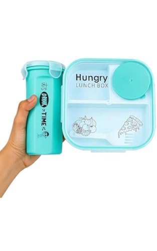 Image of Hungry Lunch Box with Water Bottle | Leakproof 3 Compartment Tiffin Box with Spoon, Fork & Sauce Container | BPA Free Food Grade Plastic | Microwave & Dishwasher Safe Lunch Box for School (Sea Blue)