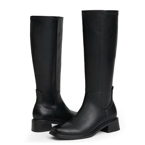 Modatope Knee High Boots for Women Low Heel Square Toe Side Zipper Fall Long Tall Boots Women Faux Leather Elastic Boots2