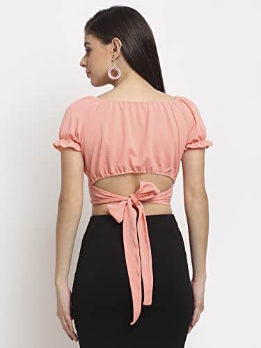 Image of ELEVANTO Women's Ruffle Stylish Short Sleeve Tie Up Back Crop Top Off Shoulder Bardot Blouse /Tops for Summer